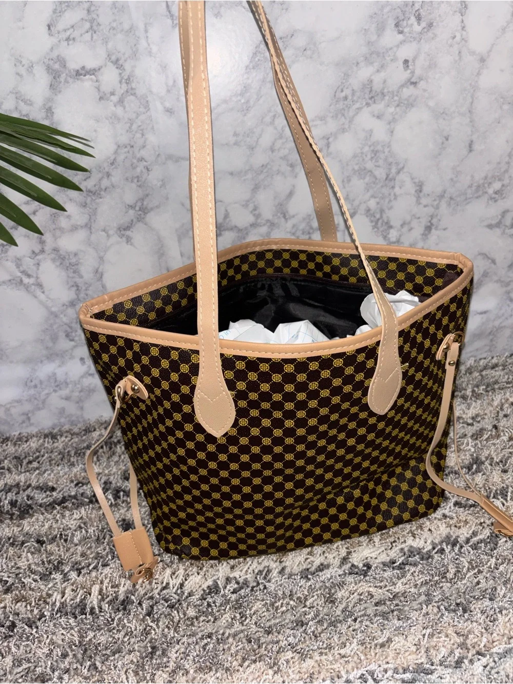Brown Patterned Tote Bag with Tan Trim